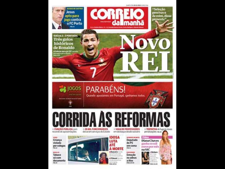 <p>Cristiano Ronaldo foi o grande destaque das capas desta quarta-feira dos principais jornais do mundo - como o&nbsp;<strong>Correio da Manh&atilde;, de Portugal</strong>. O atacante do Real Madrid marcou tr&ecirc;s gols na vit&oacute;ria por 3 a 2 sobre a Su&eacute;cia, em Estocolmo, resultado que garantiu Portugal na Copa do Mundo de 2014. Veja:</p>
