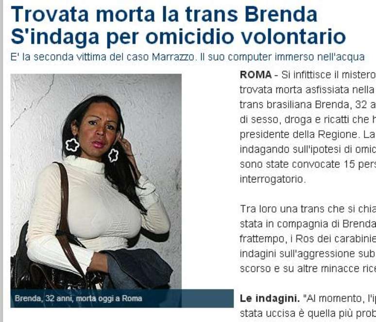 Notícia de transexual brasileira assassinada repercute na Itália