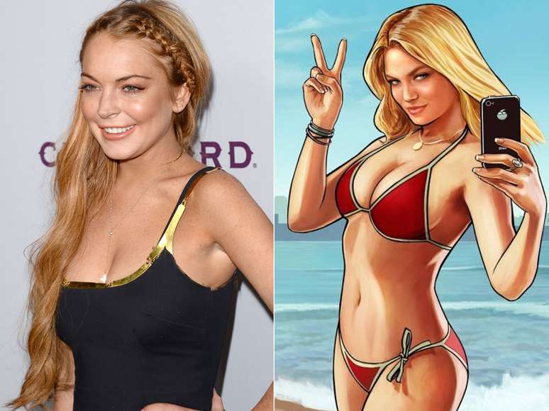 Comparativo entre Lindsay Lohan e uma das telas de transição de 'GTA V'