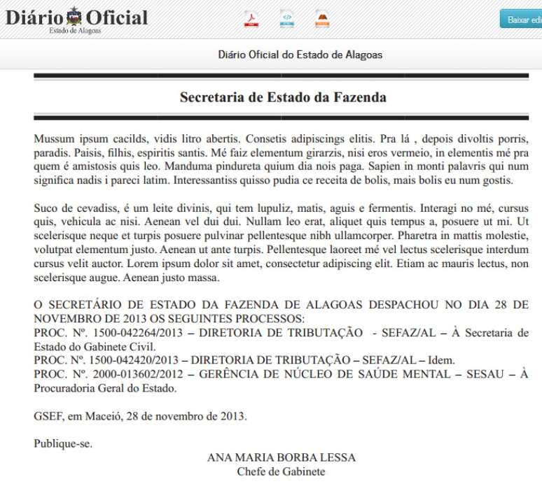 Trecho na página 10 do Diário Oficial de Alagoas foi publicado com linguagem usada pelo Mussum