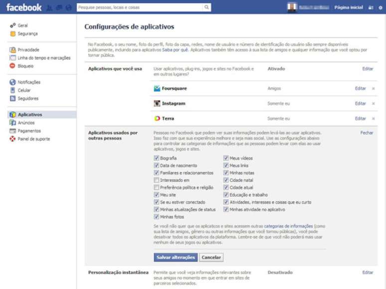 Ao desmarcar as opções em "Aplicativos usados por outras pessoas", o usuário controla quais informações suas os amigos levarão a aplicativos de terceiros ao se cadastrarem em outro serviço. Esse controle inclui dados como biografia, fotos e preferência política. No entanto, os amigos vão continuar informando ao aplicativo as informações básicas - nome de perfil, foto de perfil e lista de amigos