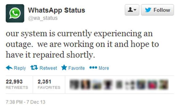 <p> WhatsApp publicou no Twitter aviso de problema</p>