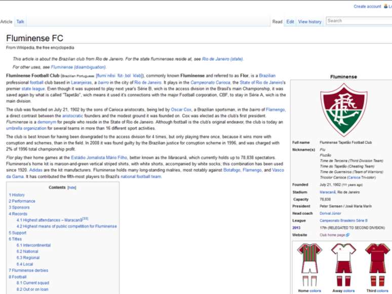 <p>Em inglês, página da Wikipedia cita Fluminense como "time de terceira"</p>