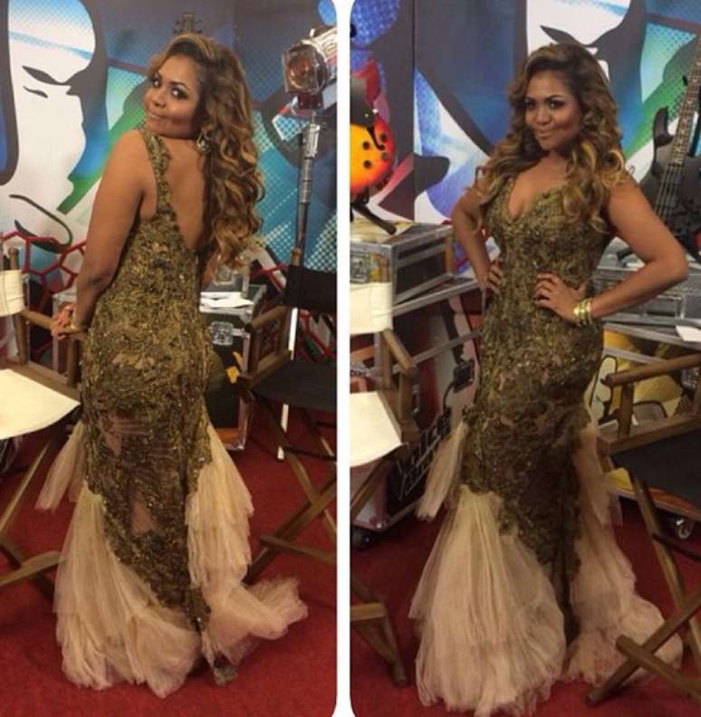 Gaby exibe seu vestido sereia nos bastidores do The Voice