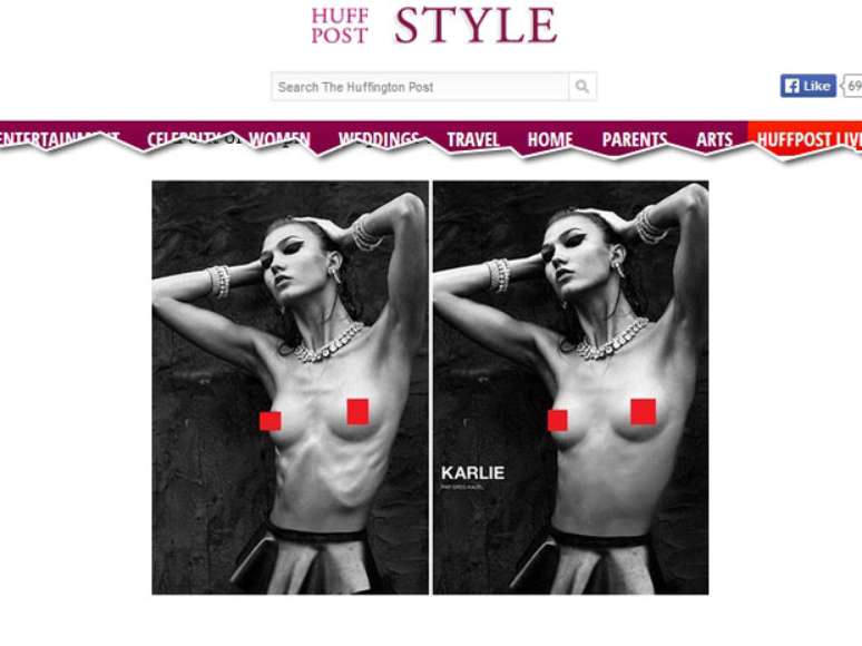 <p>Comparação de fotos da modelo Karlie Kloss, sem e com retoque</p>