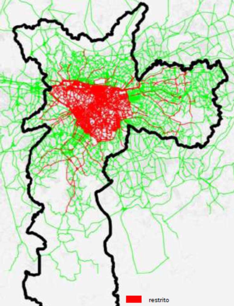 Mapa divulgado pela prefeitura com as vias restritas em São Paulo