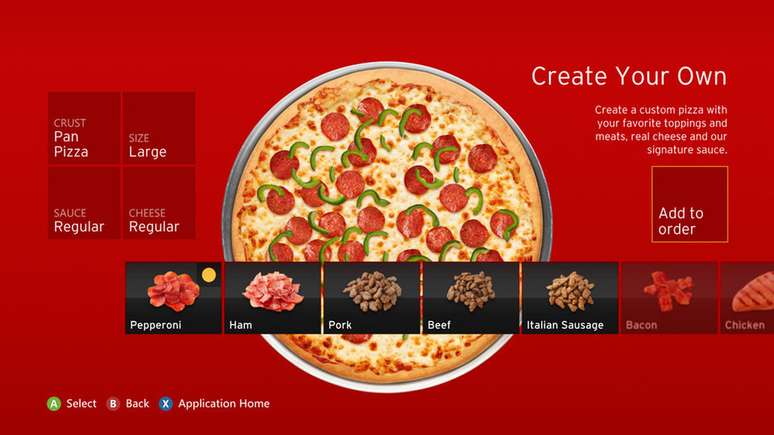 <p>Aplicativo da Pizza Hut permite a gamer montar suas pizzas e pedir entrega atrav&eacute;s da Xbox Live</p>