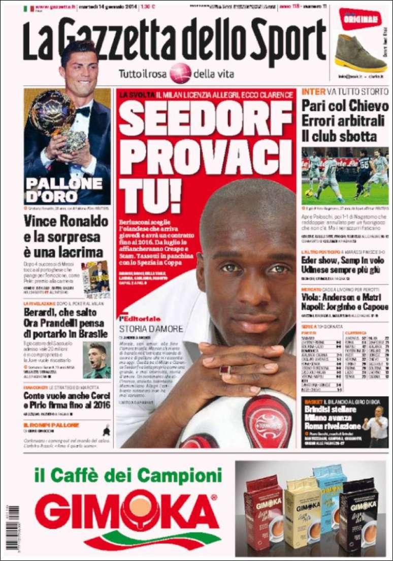 <p>Gazzetta dello Sport anuncia Seedorf como técnico do Milan até o final de 2016</p>