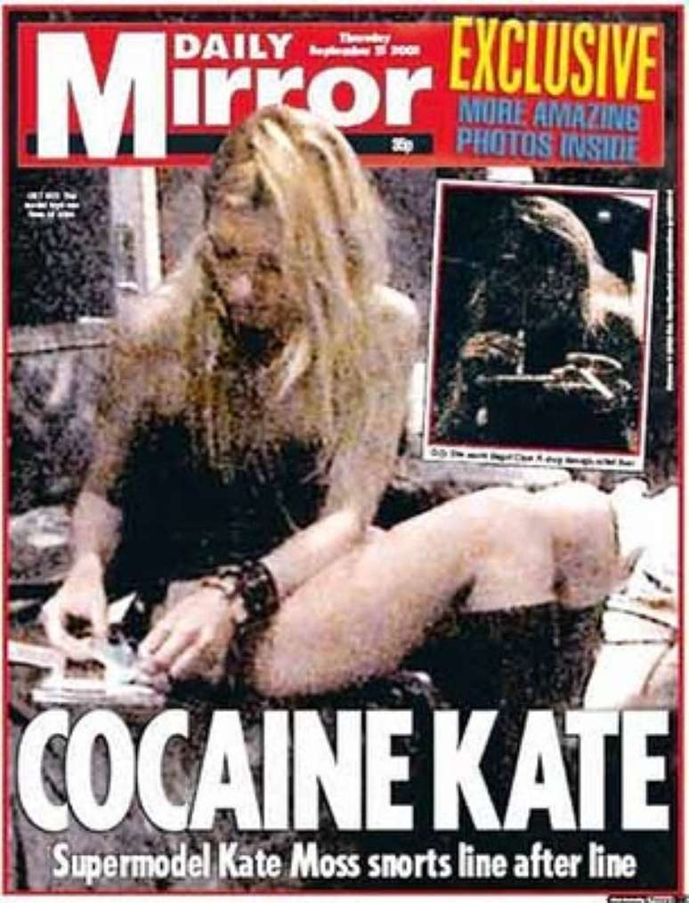 Setembro de 2005 - Kate Moss é capa da Daily Mirror e aparece em imagem cheirando cocaína