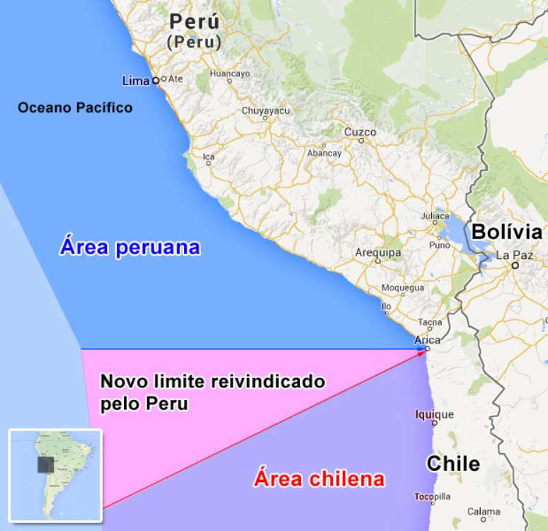 Mapa mostra a &aacute;rea obtida pelo Peru ao Chile no Oceano Pac&iacute;fico, de acordo com a decis&atilde;o da CIJ