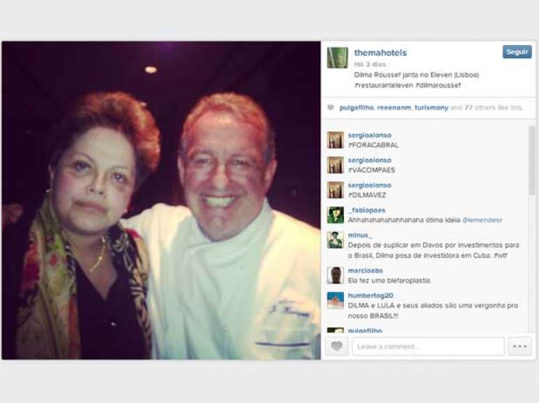 Dilma jantou no Eleven, e uma foto da presidente com o chef do restaurante foi publicada no Instagram