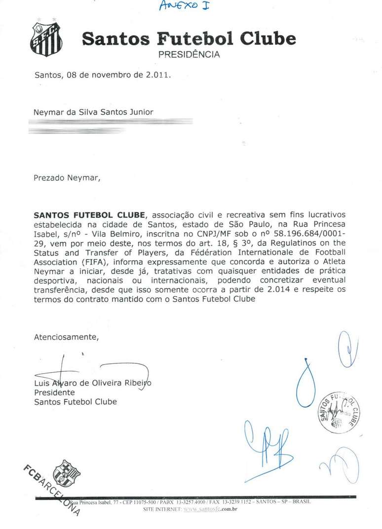 <p>Carta comprova que o presidente do Santos, Luís Álvaro de Oliveira Ribeiro, autorizou Neymar a conversar com outros clubes em 2011</p>
