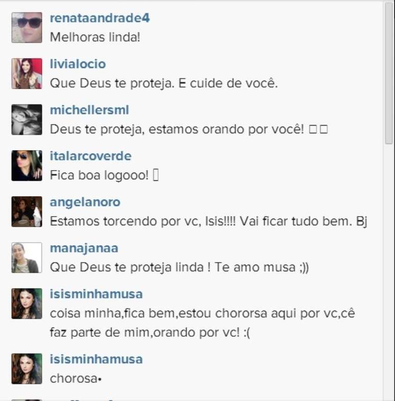 Fãs deixam mensagens de apoio para Isis pelo Instagram