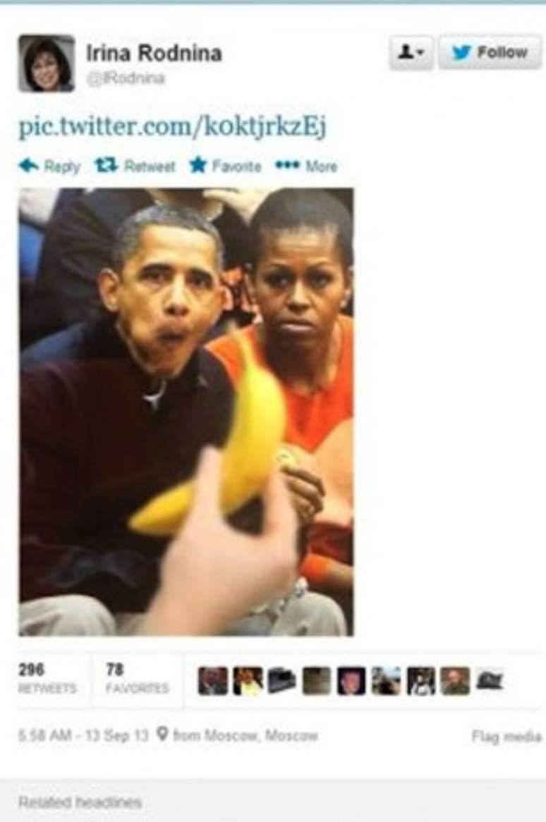 <p>Irina Rodnina foi acusada de racismo por conta de imagem com o casal Obama e uma banana</p>