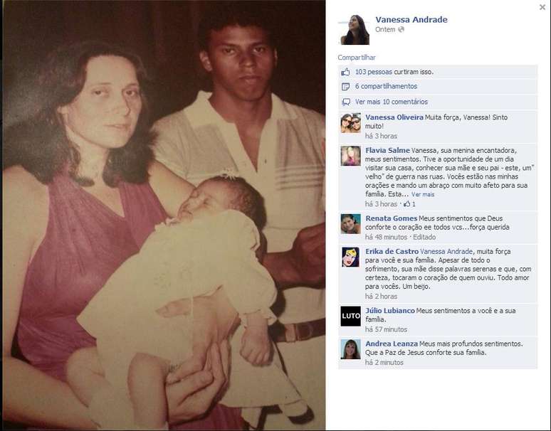 A jornalista Vanessa Andrade, 29 anos, filha do cinegrafista da Bandeirantes Santiago Andrade, postou no Facebook uma foto antiga da família