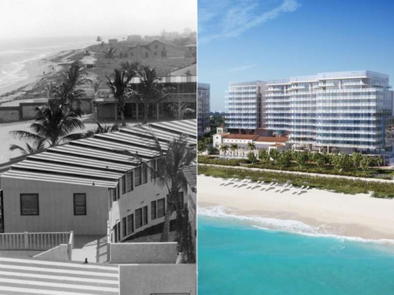 <p>Montagem mostra o clube privado Surf Club na década de 1930 e o projeto do novo hotel a ser lançado em 2016</p>