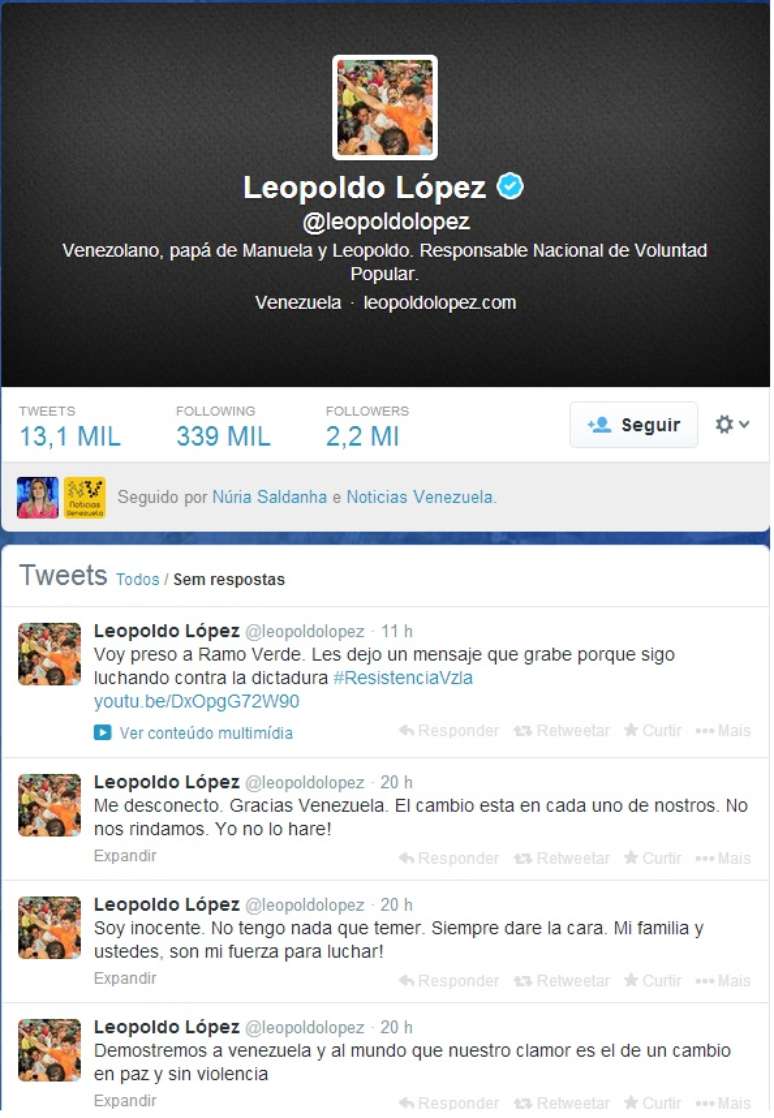 Conta do líder oposicionista Leopoldo López no Twitter