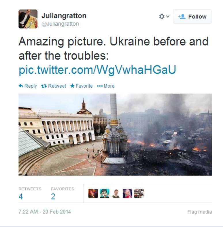 <p>No Twitter, usuários compartilham montagem de foto da Praça da Independência antes e depois dos conflitos entre governo e opositores, que acontecem há 3 meses</p>