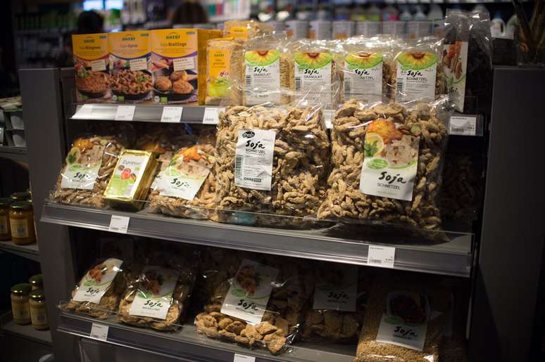 Estande de venda de produtos veganos, na Alemanha