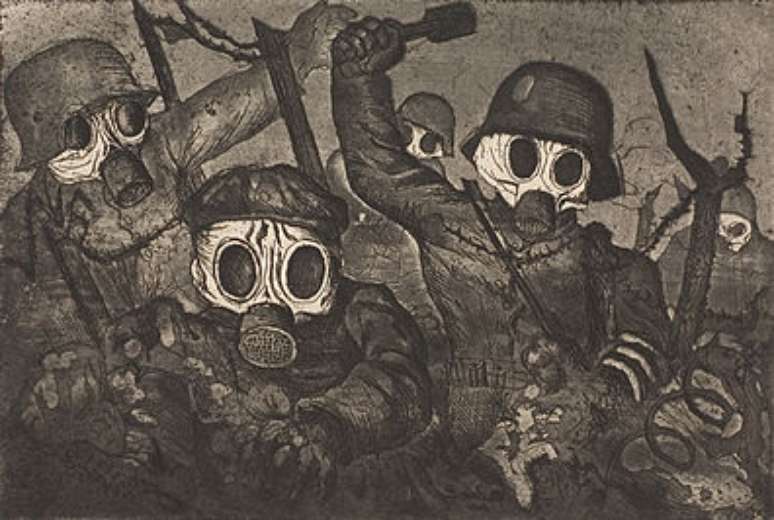 "Ofensiva de soldados com máscara contra gás"