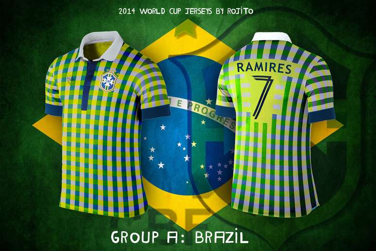 O designer Rojito usou a criatividade e um pouco de humor para recriar as camisas das 32 seleções que disputarão a Copa do Mundo no Brasil, em junho. Para mostrar a do Brasil, quadriculada, ele escolheu o volante Ramires; confira