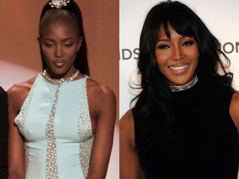 <p>Naomi Campbell durante entrega de pr&ecirc;mio no Oscar de 1996 (&agrave; esq.), e em festa durante o ano de 2013 (&agrave; dir.)</p>