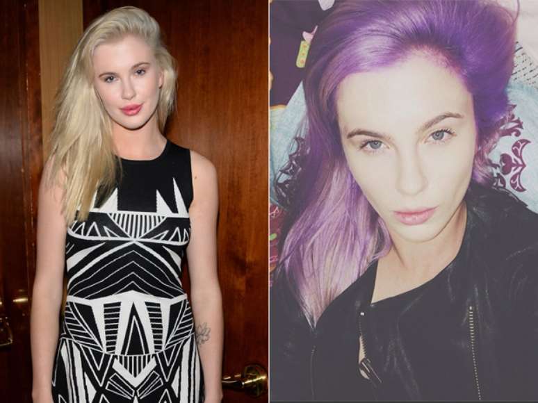 <p>Ireland Baldwin tingiu os cabelos de roxo e divulgou o resultado no Instagram</p>