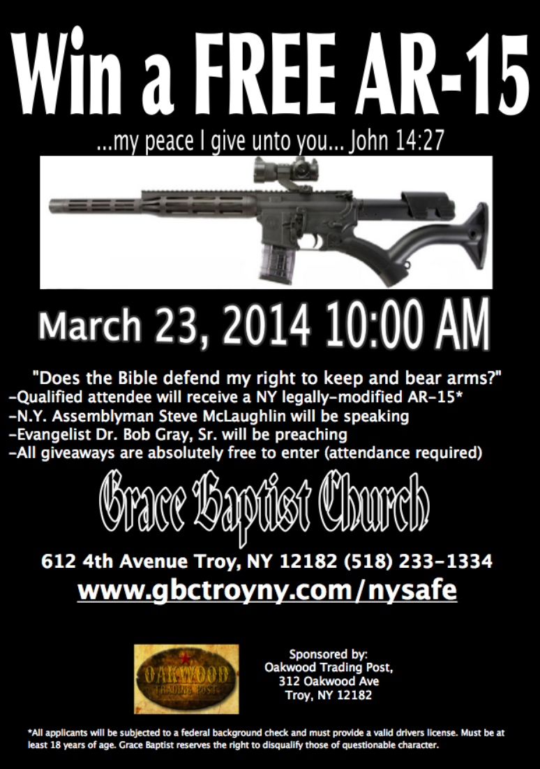 A entrega da arma - um AR-15 - vai acontecer no dia 23 de março entre os presentes no culto de domingo