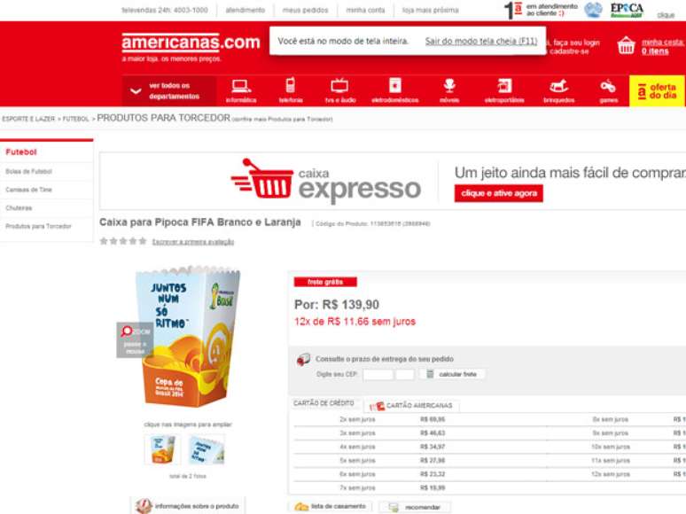 Alegando erro, site anuncia pacote de saco de pipocas a R$ 139,90