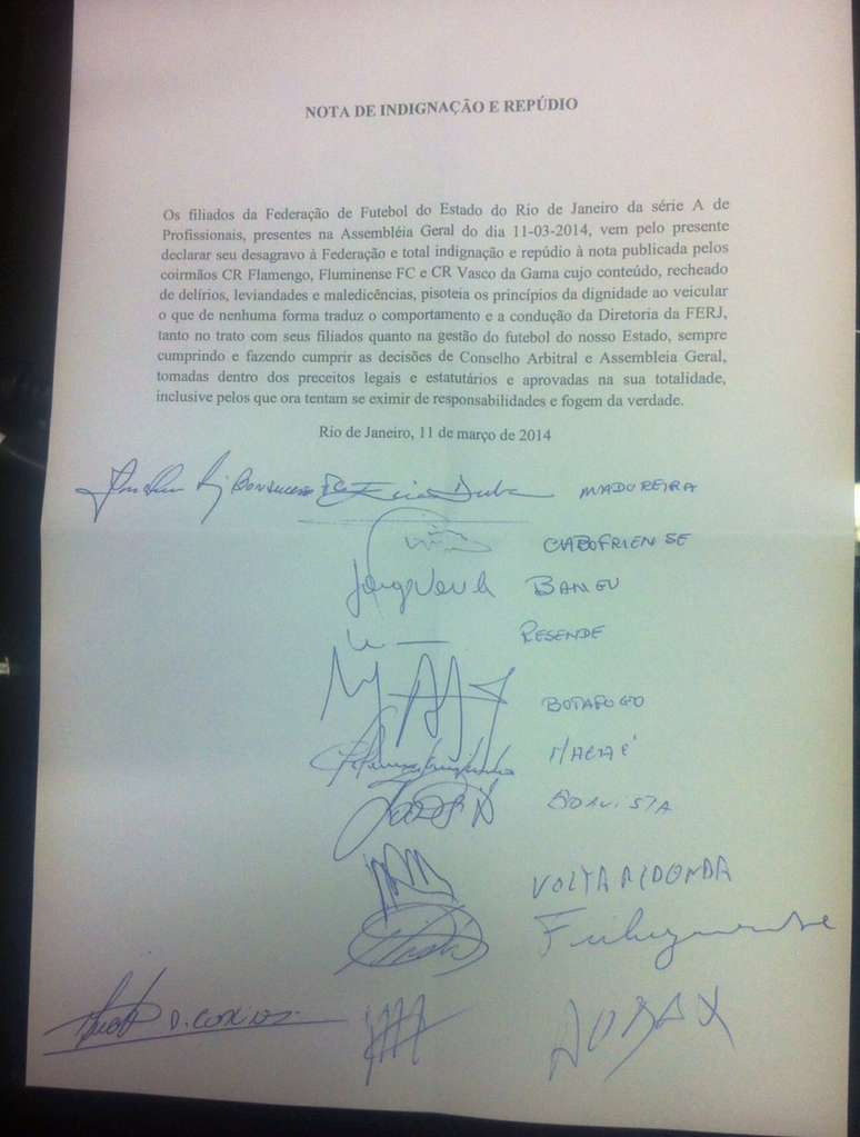 Carta de rep&uacute;dio &agrave; manifesta&ccedil;&atilde;o de Vasco, Flamengo e Fluminense