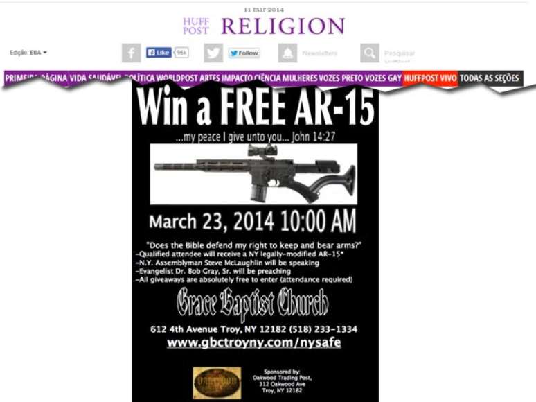 Uma Igreja Batista de Nova York irá promover evento no dia 23 de março em que doará um rifle AR-15 semiautomática a um dos adultos presentes