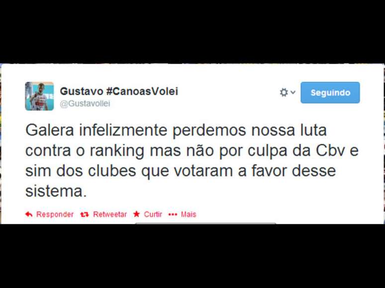 Irmão de Murilo, Gustavo manifestou sua chateação com a notícia da manutenção do ranking de atletas na Superliga