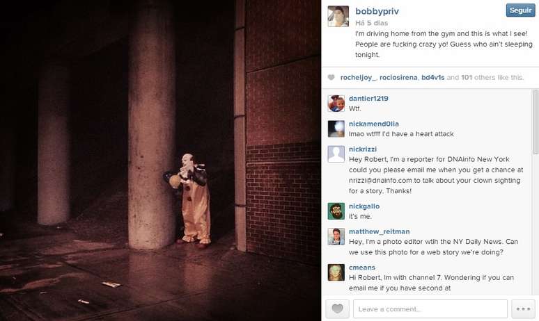 Americanos estão compartilhando fotos em suas redes sociais do palhaço 'assustador' de NY