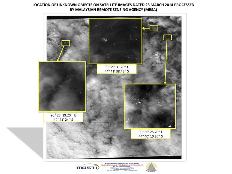 <p>Foto de satélite, mostrando os locais e as coordenadas dos novos objetos relatados pela Agência Sensoriamento Remoto da Malásia (MRSA), no Oceano Índico. Foto foi tirada em 23 de março e divulgada na manhã desta quarta-feira, 26 de março</p>