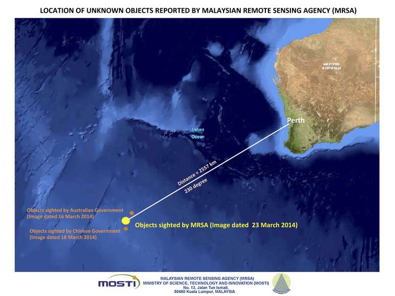 <p>Imagem de satélite mostra a localização dos novos objetos relatados pela Agência de Sensoriamento Remoto da Malásia (MRSA), no Oceano Índico. A foto foi tirada em 23 de março e divulgada nesta quarta-feira, 26 de março</p>