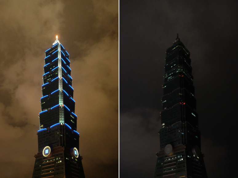 Combinação de fotografias mostra o prédio Taipei 101, um dos mais altos do mundo, antes e durante a Hora do Planeta