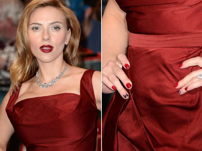 <p>Scarlett Johansson exibiu unhas na cor vermelha, enquanto as dos dedos anelares contavam com nail art</p>