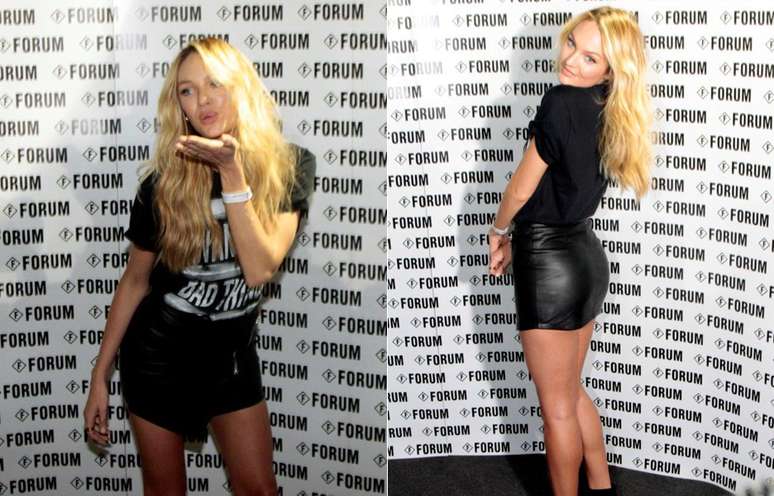 Além de microssaia, Candice usou camiseta com frase: "quero fazer coisas más"