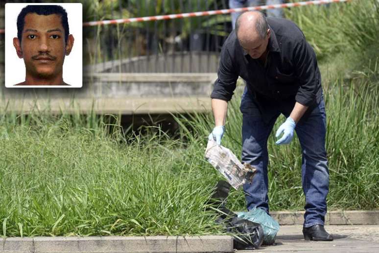 Perito analisa cabe&ccedil;a na pra&ccedil;a da S&eacute;; no detalhe, retrato falado de suspeito de abandonar o corpo
