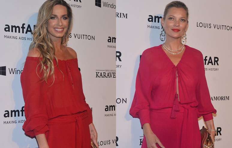 <p>Mariana Weickert (à esq.) e Kate Moss (à dir.) usaram o mesmo vestido em baile de gala</p>