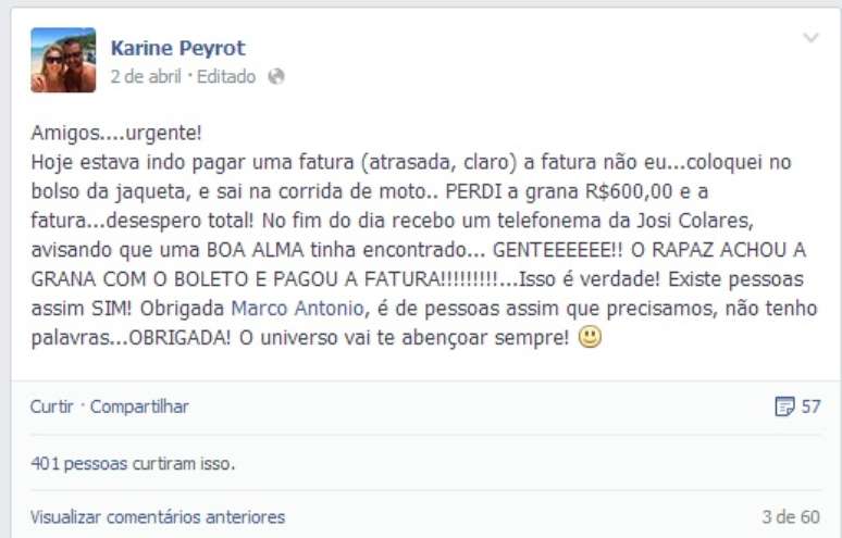 Karine postou uma mensagem de agradecimento a Marco Antonio no Facebook