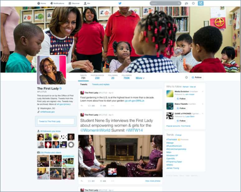 Perfil da primeira-dama americana, Michelle Obama, já atualizado para o novo Twitter