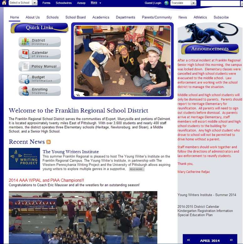 <p>Site da Franklin Regional School publicou uma mensagem informando que todas as suas unidades foram fechadas após o incidente, e que os "estudantes do ensino médio estão seguros"</p>