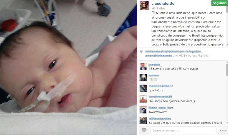 A cantora Claudia Leitte publicou mensagem pedindo ajuda para Sofia em seu perfil no Instagram