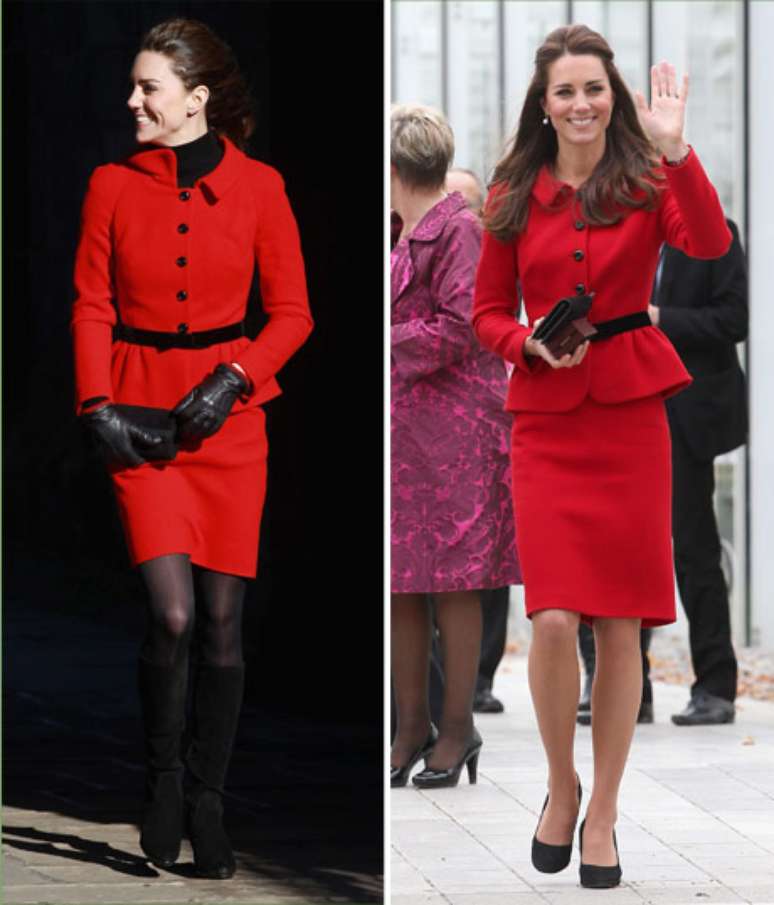 <p>À esquerda, Kate Middleton em 2011 e, à direita, com o mesmo casaco mas com estilo mais refinado já em 2014</p>