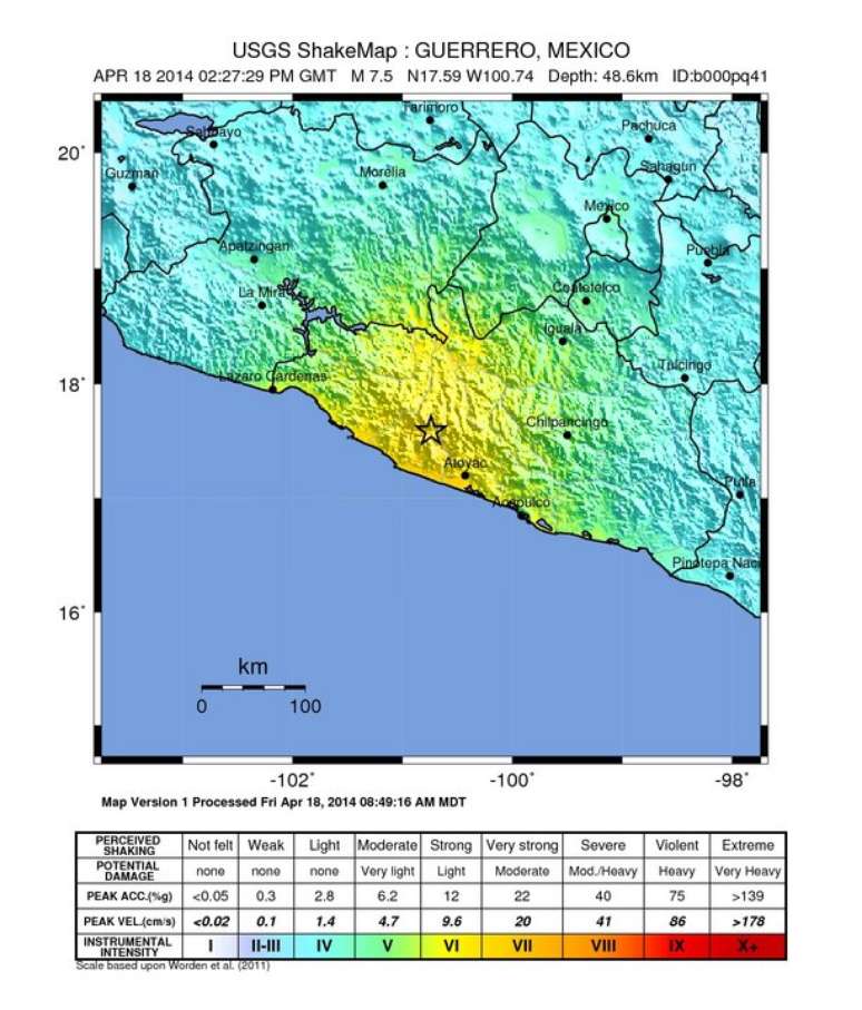 <p>Imagem da USGS mostra ponto amarelado - onde terremoto atingiu com mais força nesta sexta-feira</p>