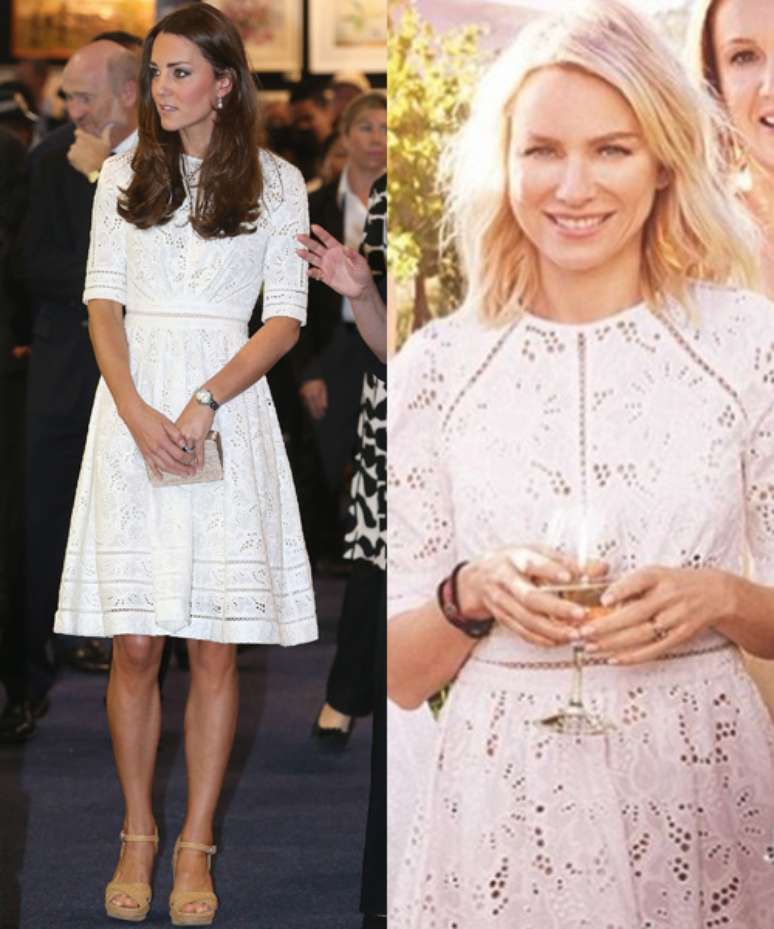 <p>Kate Middleton usou um vestido de renda da grife Zimmermann em sua passagem pela Austrália na última sexta-feira (18). A mesma peça foi usada pela atriz Naomi Watts em uma campanha de vinhos locais alguns meses antes</p>