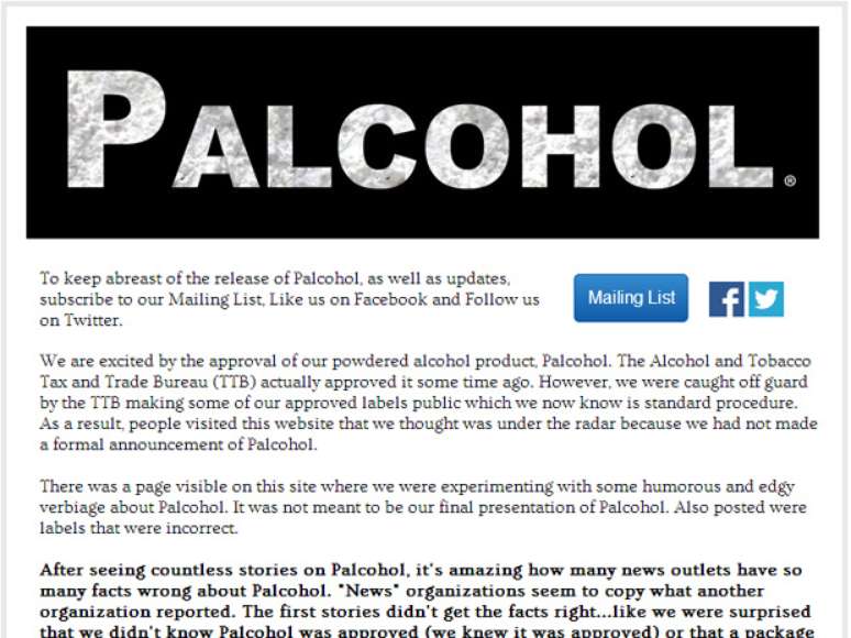 Empresa lançou site para falar sobre o lançamento do Palcohol
