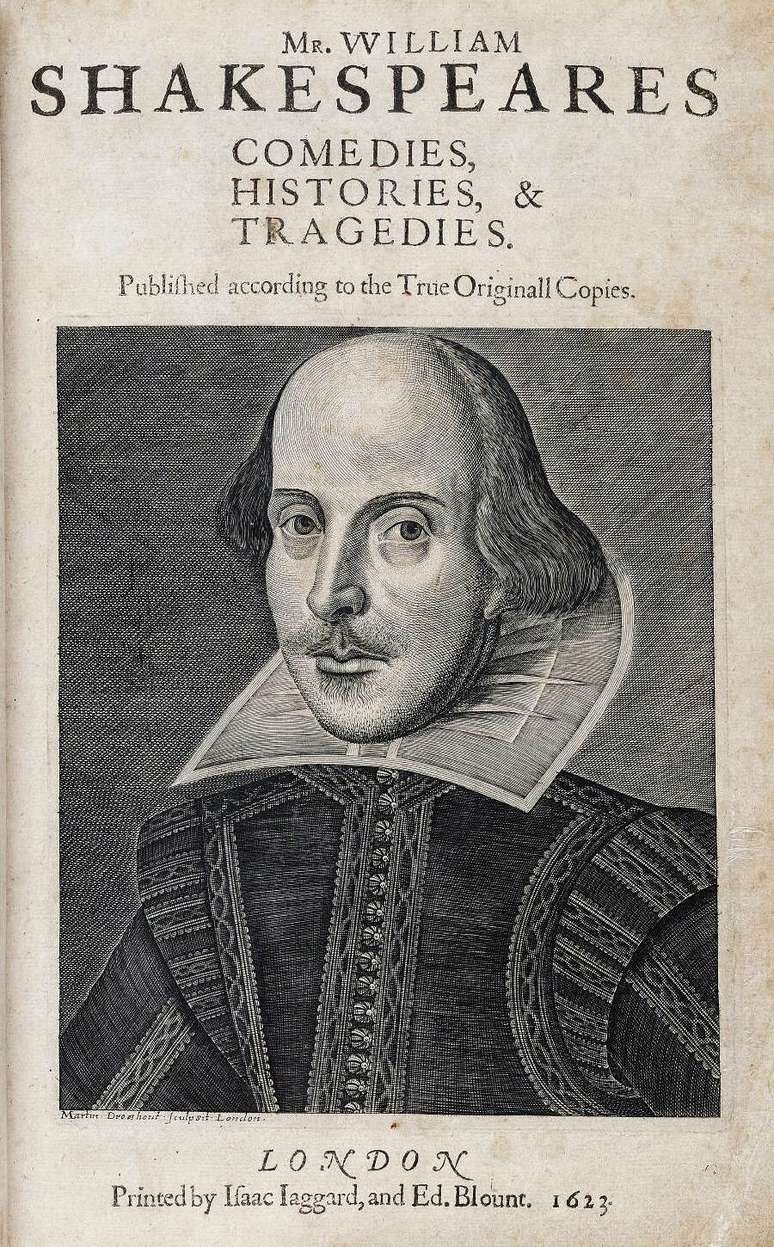 Os atores John Hemige e Henry Condell, amigos de Shakespeare, recolheram quase tudo que o autor produziu e publicaram o primeiro in-folio em 1623