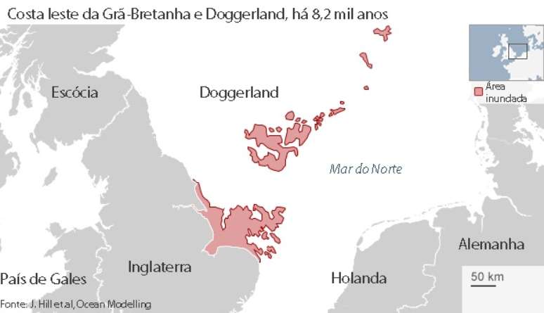 Costa leste da Grã-bretanha e Doggerland há 8,2 mil anos